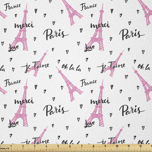 Lunarable Eiffel Tower Fabric by The Yard, France Paris Oh La La Eiffel Tower Hearts Calligraphy Doodle Style Artwork, Stretch Knit Fabric for Clothing Sewing and Arts Crafts, 1 Yard, Black Pink