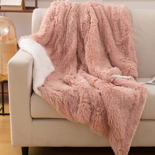 EMME Faux Fur Throw Blanket Fuzzy Soft and Plush Shaggy Fall Throw Blankets for Bed Long Fur Solid Reversible Warm Cozy Luxurious Fluffy Blanket for Sofa, Couch as Gift Home Decor (Pink, 50"x60")