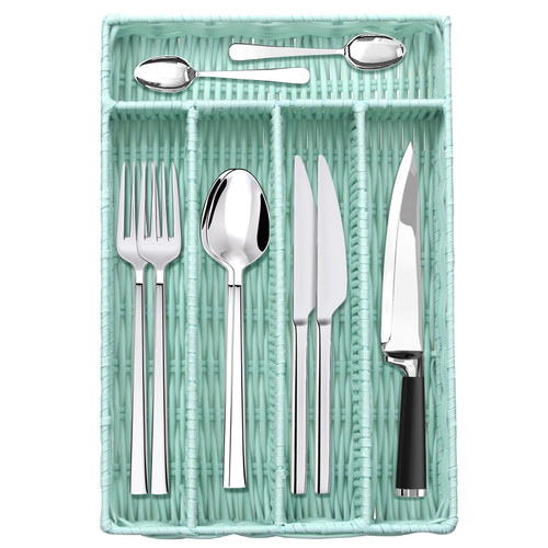 Ayiaren Kitchen Utensil Drawer Organizer Divider Small Silverware Tray for Drawer Narrow Flatware Cutlery Organizer Green Utensil Holder Drawer Insert Slim Silverware Organizer Cutlery Tray