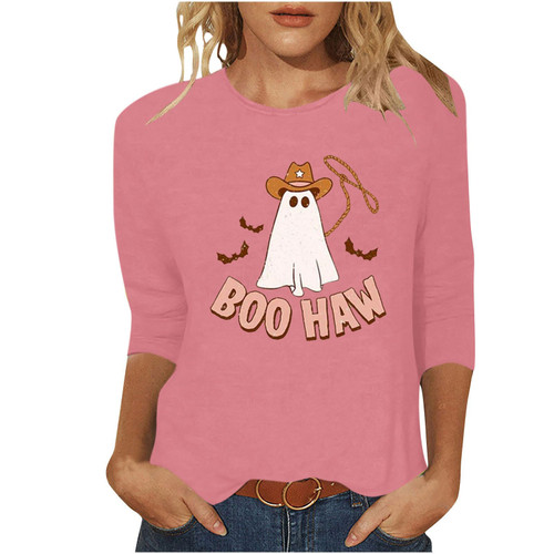Ausyst 3/4 Length Sleeve Shirts for Women Ghost Printed Casual Fall Blouses Crewneck Halloween Cute Tops Loose Fit Pullover Pink