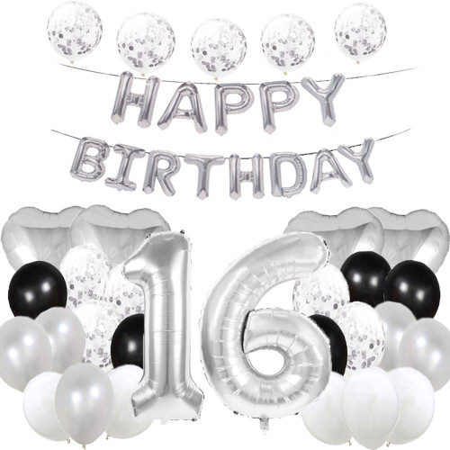 Sweet 16th Birthday Balloon 16th Birthday Decorations Happy 16th Birthday Party Supplies Silver Number 16 Foil Mylar Balloons Latex Balloon Gifts for Girls,Boys,Women,Men