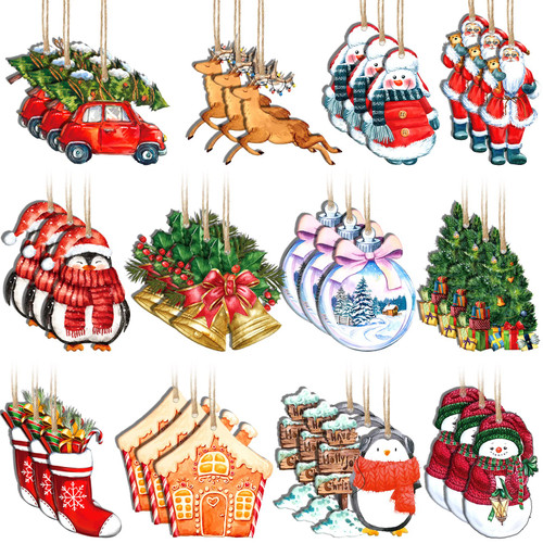 36 Pcs Christmas Tree Ornaments Vintage Christmas Decorations Reindeer Red Truck Snowman Santa Claus Ornaments for Christmas Tree Wooden Christmas Ornaments Hanging Wood Slices for DIY Craft Xmas Tree