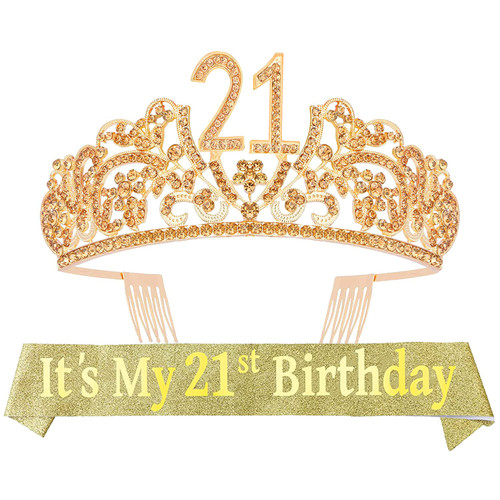 VeryMerryMakering 21st Birthday Sash and Tiara for Women - Fabulous Set: Glitter Sash + Flowers Rhinestone Gold Premium Metal Tiara for Women, 21st Birthday Gifts for 21st Birthday Party