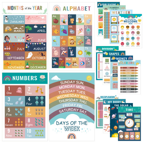 sefsnom 16 Boho Educational Posters For Toddlers - Teacher Posters For Classroom Posters Elementary, Preschool Wall Alphabet Posters For Toddlers Kindergarten Homeschool Supplies