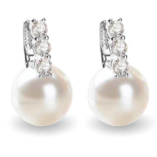 RITACH Pearl Earrings for Women 925 Sterling Silver White Gold Dangle Drop Earrings 5A Cubic Zirconia Pearl Drop Earrings Large Size 12mm