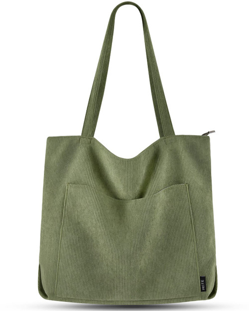 Prite Corduroy Tote Bag for Women Large Shoulder Bag with Zipper and Pockets for College School Work Travel Shopping (Green)
