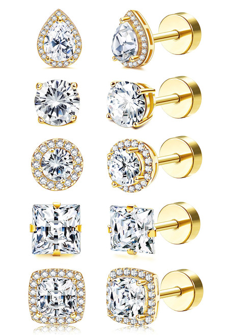 ORAZIO 5 Pairs Flat Back Stud Earrings 18G Surgical Steel Cubic Zirconia Stud Earrings with Screw Backs for Women Square Teardrop Halo Earrings Studs Cartilage Ear Stud Piercing Flat Back Earrings Gold/Silver Tone-5G