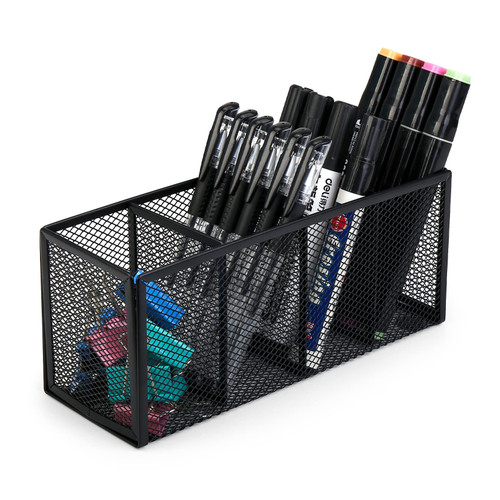OBloved Mesh Pen Holder Desk Organizers?Pen Organizer for desk, 4 Compartments Pen Holder, Desk Pencil Holder, Black Mesh Pencil Holder for Office School Home (Black)