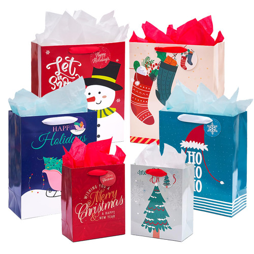 Nihuecne 12 Pack Christmas Gift Bags Assorted Sizes with Handles, Holiday Gift Bags Bulk with Tissue Paper and Tags for Christmas Gift Wrapping Xmas Present (4 Extra Large, 4 Large,4 Medium)