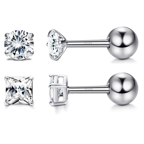 Milacolato Unisex Cubic Zirconia Stud Earrings 925 Sterling Silver Round/Square Princess Cut Cubic Zirconia Screw Back Stud Earrings for Women Men Cartilage Tragus Helix CZ Studs 3MM