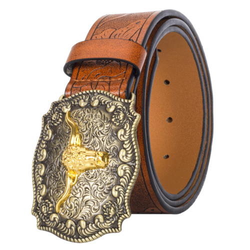 MUGANYI Men's Western Cowboy PU Leather Waist Strap Bull Decoration Floral Engraved Jeans 33in to 42in Belt, Brown, for 27-32in waist