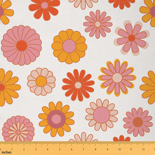 70s Groovy Flower Fabric by The Yard,Vintage Daisy Hippie Style Upholstery Fabric for Chairs Sofa,Rustic Floral Orange Pink Waterproof Fabric for Upholstery and Home DIY Projects,1 Yard
