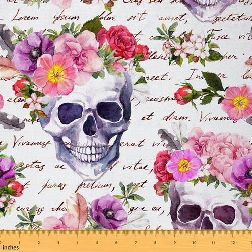 Romantic Flowers Skull Fabric by The Yard,Watercolor Pink Purple Floral Skeleton Upholstery Fabric for Chairs Sofa,French Style Letter Waterproof Fabric for Upholstery and Home DIY Projects,1 Yard