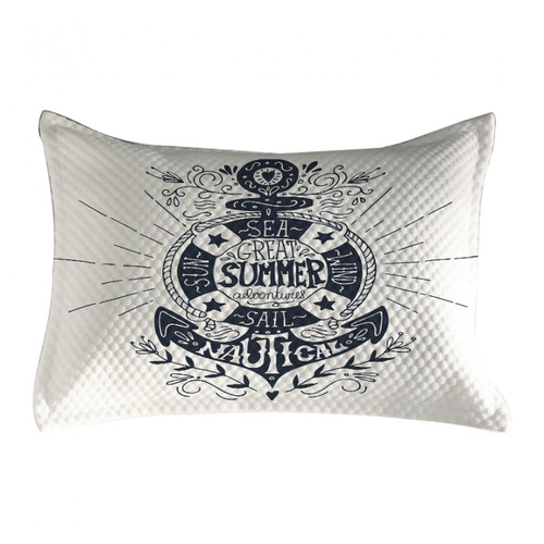 Lunarable Anchor Quilted Pillowcover, Floral Life in Doodle Style Summer Adventure Sea Sun, Standard King Size Accent Pillow Cover for Bedroom, 36" x 20", Dark Blue and White