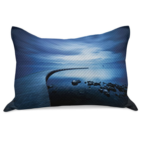 Lunarable Seascape Knitted Quilt Pillowcover, Seaside Rocks Curvy Jetty at Dawn Dreamy Panoramic Majestic Aquatic View Print, Standard Queen Size Pillow Cover for Bedroom, 30" x 20", Navy Blue