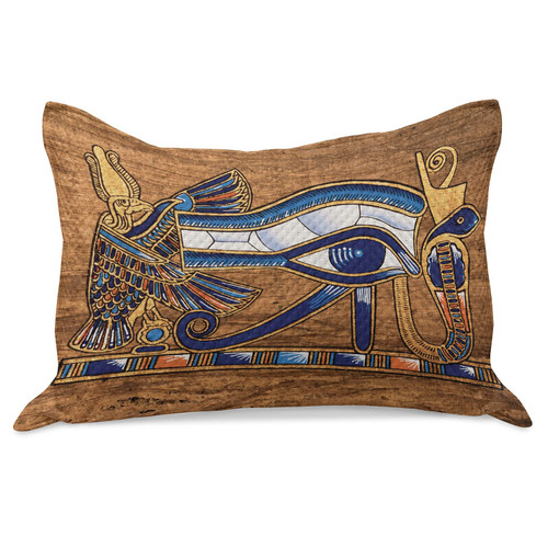 Lunarable Egyptian Print Knitted Quilt Pillowcover, Egyptian Art Papyrus Depicting Eye Mosaic Style Design, Standard Queen Size Pillow Cover for Bedroom, 30" x 20", Navy Blue Orange
