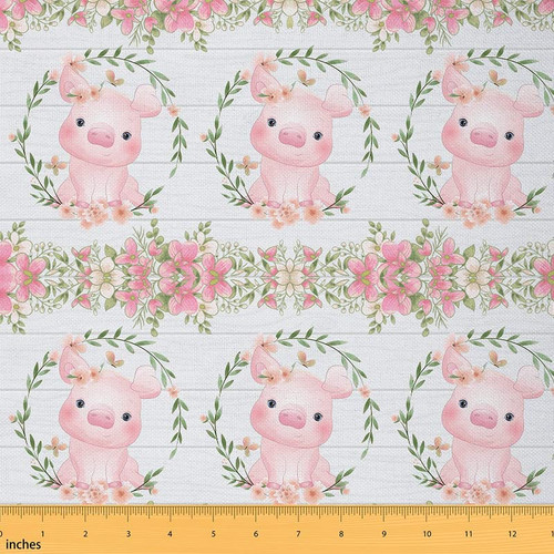 Jejeloiu Cute Pig Upholstery Fabric for Chairs,Cartoon Farm Pig Pattern Fabric by The Yard,Botanical Floral Flowers Decorative Fabric for Upholstery and Home DIY Projects,1 Yard Pink