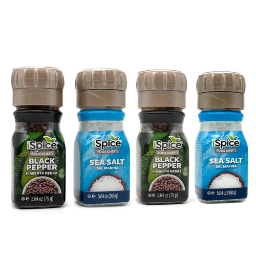 iSpice Sea Salt and Black Pepper Spices And Seasonings Set, 2.64 Oz Whole Black Pepper and 5.64 Oz Sea Salt Grinder |Chemical free Coarse Salt House of Flavor & Taste (Pack Of 4)