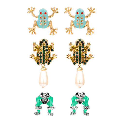 Frog Earrings for Women - 3 Pairs Unique Blue Exaggerated Frog, Green Childish Cute Frog, Vintage Baroque Diamond-Set Frog Earrings | Cute Animal Drop Dangle Jewelry Teen Girls Lovers Aesthetic Gifts