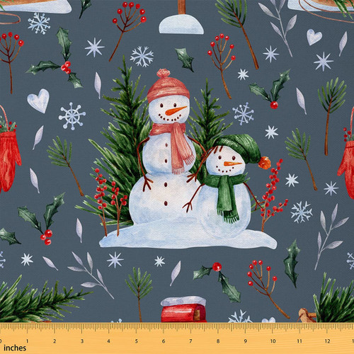 Cute Snowman Fabric by The Yard Outdoor Cartoon Snowflake Pine Trees Fabric for Kids Boys Girls Wild Plants Winter Holiday Theme Fabric for DIY Upholstery and Home Accents 1 Yard