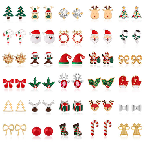 Gushu 30 Pairs Christmas Stud Earrings Set for Women Girls Xmas Holiday Hypoallergenic Stud Christmas Tree Snowflake Snowman Stocking Santa Claus Elk Stud Cute Festive Jewelry Gifts
