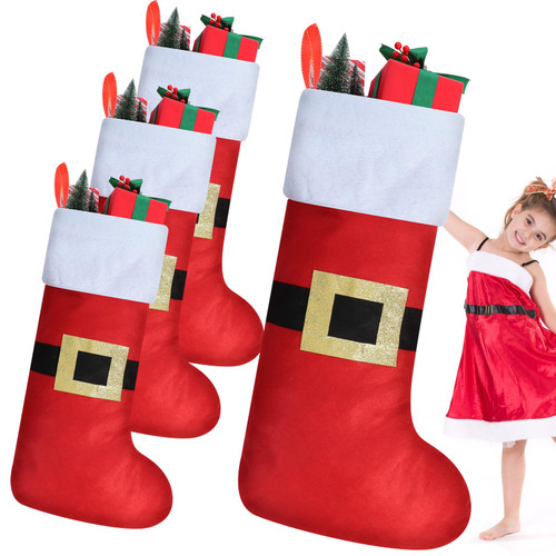 Glimin 3 Pcs 38 Inch Jumbo Christmas Stockings Giant Santa Belt Stocking Oversized Felt Hanging Stockings Holiday Party Gift Stockings for Christmas Party Tree Fireplace Decor