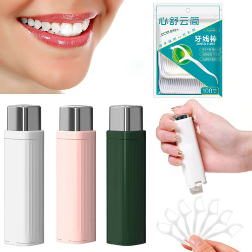 Portable Floss Dispenser with 100 Dental Floss Picks, Dental Floss Pick Dispenser Travel Floss Picks Case, Refillable Dental Floss Dispenser for Teeth Cleaning (3 Color)