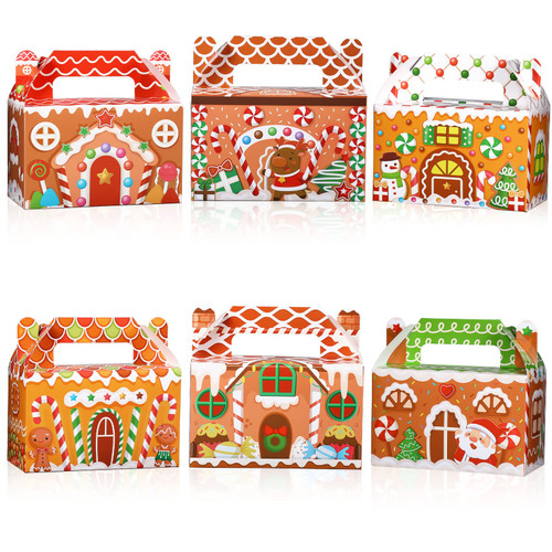 18 Pieces 3D Christmas Gingerbread House Cardboard Treat Boxes Xmas Party Favor Gift Boxes for Candy Goodie Cookie Snack with Handles Gable Paper Boxes for School Classroom Holiday (Gingerbread)