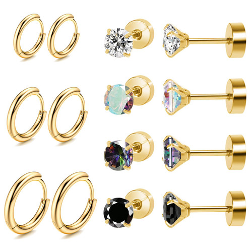 Titanium Earrings for Sensitive Ears, Flat Back Stud Earrings Hoop Earrings Set for Women, Hypoallergenic Surgical Stainless Steel Cubic Zirconia Earrings Stud Earrings Set for Cartilage Helix 7 Pairs (Gold-4 color CZ)
