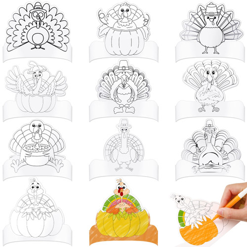 Cholemy 100 Pcs Color Your Own Turkey Crowns Thanksgiving Crowns Color Your Own Adjustable Thanksgiving Coloring Headbands Thanksgiving Coloring Turkey Hat for Thanksgiving Craft Activity 10 Styles
