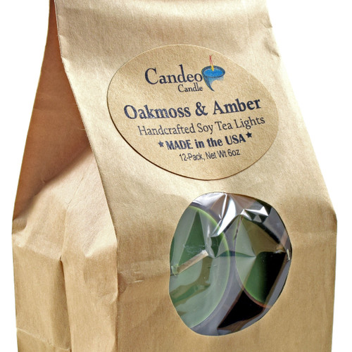 Candeo Candle Oakmoss & Amber Scented - Soy Tealight Candles, 12 Pack - Green Tealight Candles - Highly Scented - Made with Soy Wax - Handmade in The USA Summer Scents