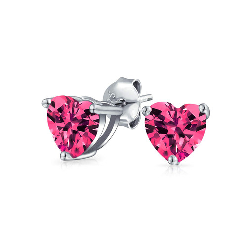 Tiny Pink Fuchsia CZ Heart Shaped Stud Earrings For Women For Girlfriend Simulated Ruby Cubic Zirconia Sterling Silver