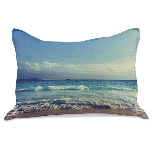 Ambesonne Tropical Island Knitted Quilt Pillowcover, Ocean Waves on Seychelles Beach at The Sunset Time Skyline, Standard King Size Pillow Cover for Bedroom, 36" x 20", Turquoise Sky Blue Umber