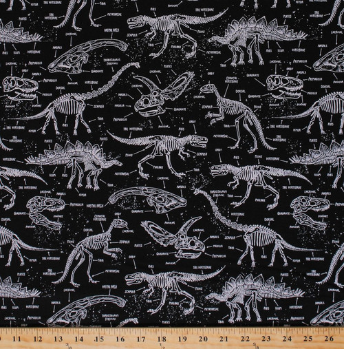 Cotton Dinosaurs Dino Skeletons Skulls Bones Bone Names T-Rex Triceratops Stegosaurus Paleontology Fossils Glow-in-The-Dark Kids Cotton Fabric Print by The Yard (DINO-CG5797-BLACK)