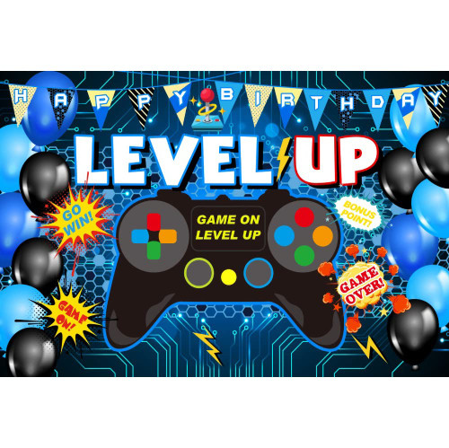 Renaiss 5x3ft Video Game Backdrop Level Up Boys Gaming Photography Background Game on Backdrops Banner Gamer Birthday Baby Shower Game Night Fans Party Decors Photo Booth Props Gamer Room Decor