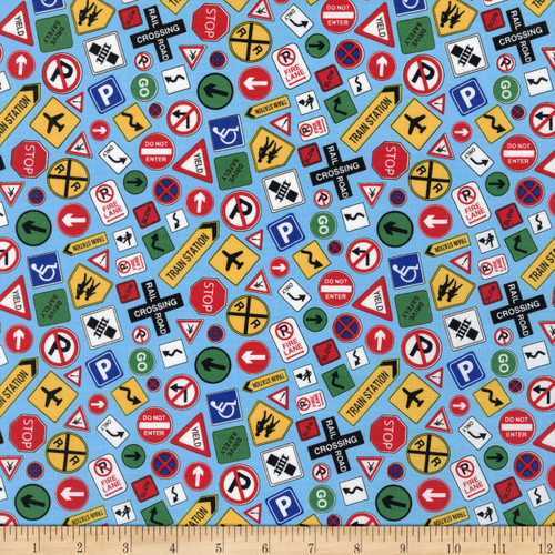 Northcott Around Town Traffic Signs Fabric, Blue Multi Yard