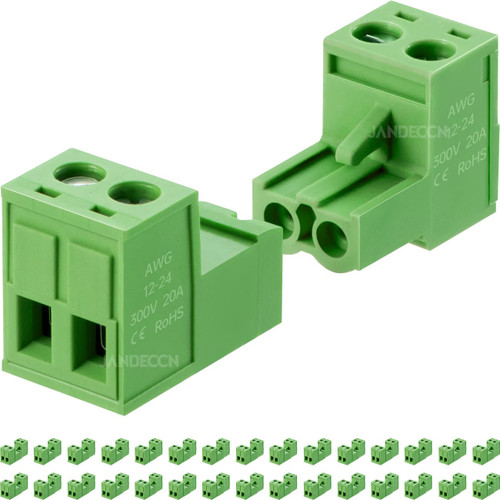 JANDECCN 30Pcs 2 Pin 5.08mm Pitch Pluggable Screw Terminal Block Connector and 30Pcs 2 Pin Phoenix Plug for 24-12AWG Cable