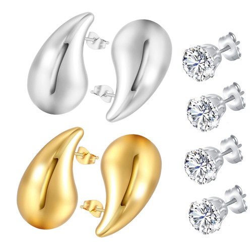 2 Pairs Chunky Gold Hoop Earrings for Women Lightweight Teardrop Dupes Waterdrop Earring 925 Sterling Silver Post Medium White