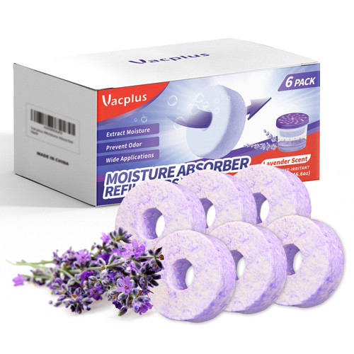 Vacplus Moisture Absorbers, Dehumidifiers for Closet, Refillable Moisture Absorbers for Rooms, basements, bathrooms, Boats, RVs, 7.76 OZ Humidity Absorber Refill Tabs, Lavender Scent, 6 Pack