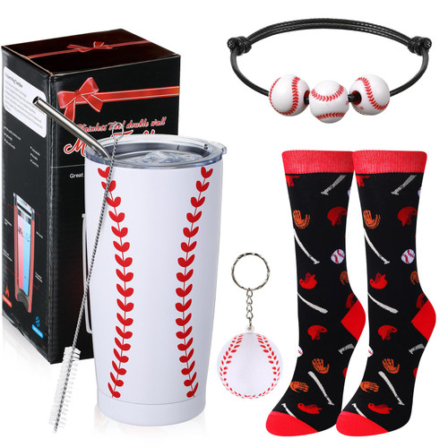 Umigy 4 Pieces Funny Baseball Gifts for Women Men Teens, 20oz Baseball Vacuum Insulated Stainless Steel Tumbler Mug with Lid, Novelty Baseball Crew Sock, Sports Bracelet and Keychain