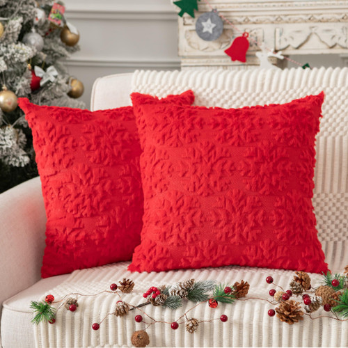 UGASA Christmas Pillow Covers 18x18 Inch Set of 2 Soft Plush Faux Fur Snowflake Decorative Luxury Jacquard Throw Pillows Pillowcases for Couch Sofa Holiday Festivals Winter Home Decor, Red