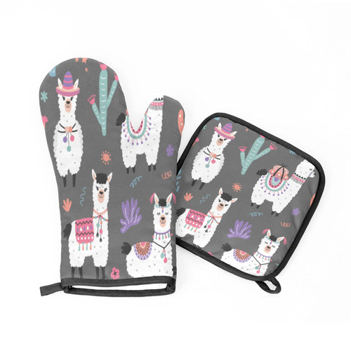 Cute Animal Alpaca Llama Oven Mitts and Pot Holders Set of 2, Llama Alpaca Pattern Heat Resistant Oven Mitt Soft Pot Holders Sets for Baking, Cooking, BBQ