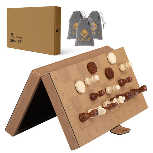 12" Leather Magnetic Chess Sets - Chess & Checkers Board Game, suwam Portable Travel Chess Board Games, Beginner Large Chess Set for Kids and Adults