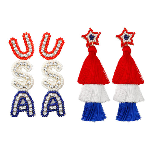 OIDEA 2 Pairs 4th of July Earrings for Women, American Flag Earrings Independence Day Patriotic Earrings Womens Beaded Earrings Colorful Layered Tassel Stud Dangle Drop Earrings Gift