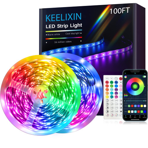 KEELIXIN Led Lights for Bedroom 100ft,LED Strip Lights Sync with Music,Bluetooth LED Lights 100ft,RGB LED Strip Lights,Luces Led para Cuarto,Room Lights with APP & IR Remote Control,Home Decorations