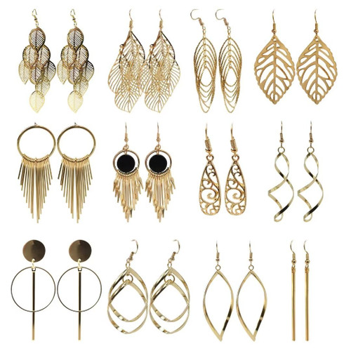 12-Pair Drop Dangle Earrings Jewelry Vintage Statement Boho Bohemian Earrings Set for Women Girls(Gold)