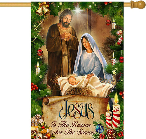 Jesus is The Reason for The Season Garden Flag, Jesus Garden Flag Banner Burlap Double Sided Jesus Vertical Flag for Outside, Farmhouse Yard Outdoor Christmas Decor - 28x40 inch