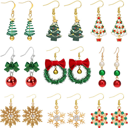 9 Pairs Christmas Earrings for Women Holiday Christmas Tree Bell Bow Snowflake Dangle Earrings Cute Festive Jewelry(9 Pairs Christmas Earrings)
