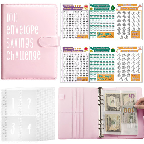 100 Envelopes Money Saving Challenge Binder, A5 Money Saving Challenge Book with Cash Envelopes, Savings Challenges Budget Book Binder to Save $5,050 (Pink)
