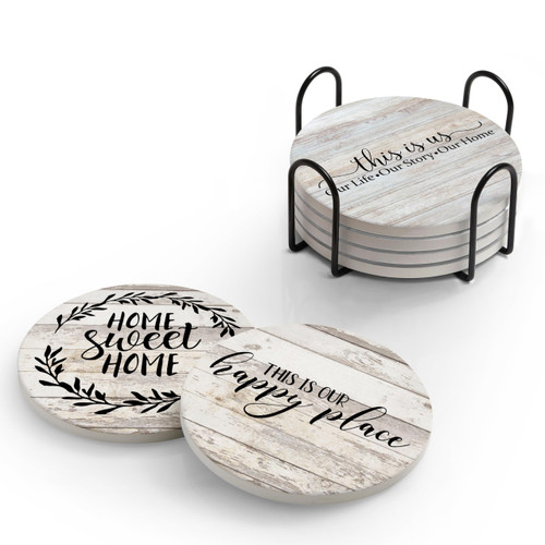 Hoomey Coasters for Home Decor, Set of 6 Absorbent Drink Coasters with Holder, Farmhouse Style Ceramic Drink Coasters with Cork Backing for Table Protection, Housewarming Gifts for New Home